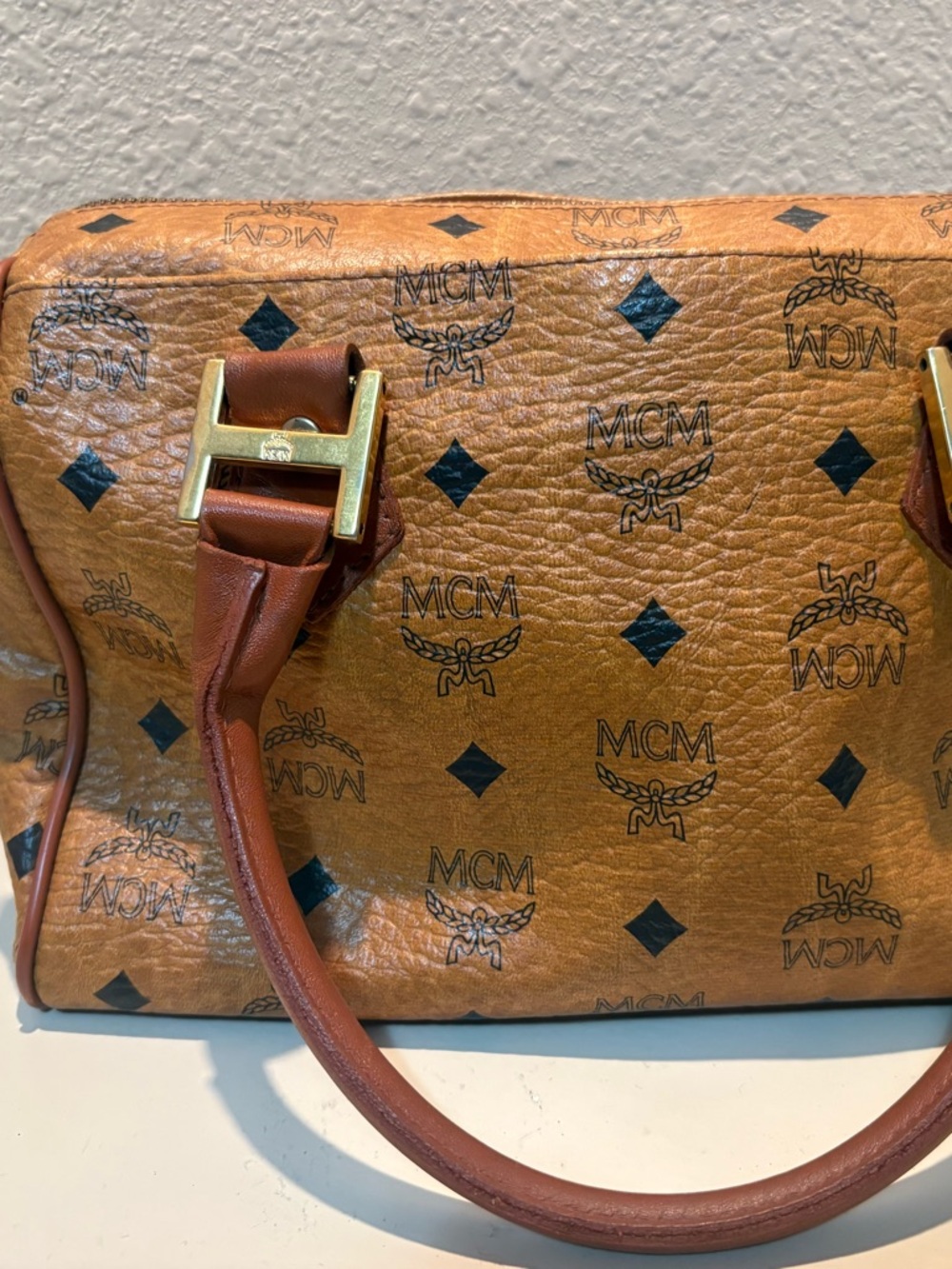 MCM Cognac Coated Canvas Satchel with Black Monogram and Gold Hardware - Picture 5 of 6